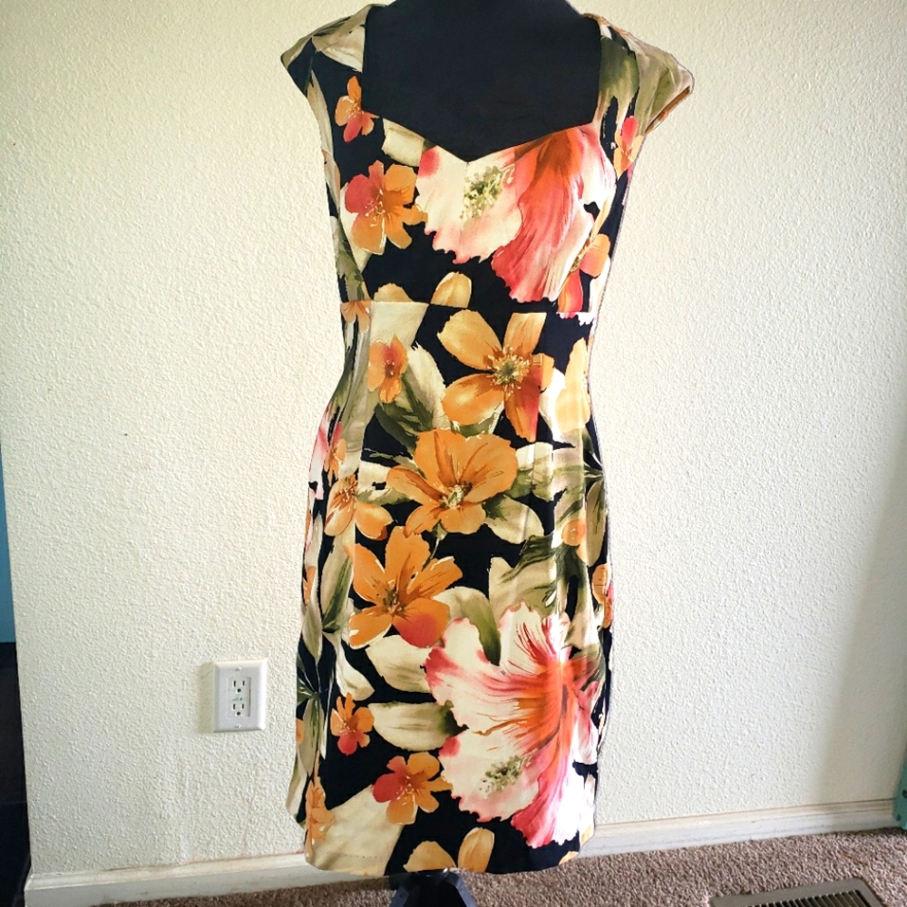 Multi-Color Cap Sleeve Floral Midi Sheath Dress Size 10